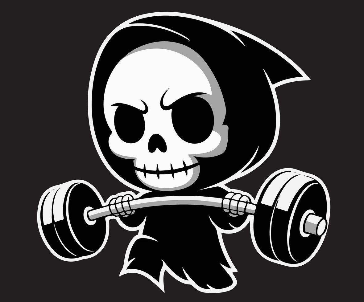 A grim reaper illustration showing it lifting an Olympic barbell. vector