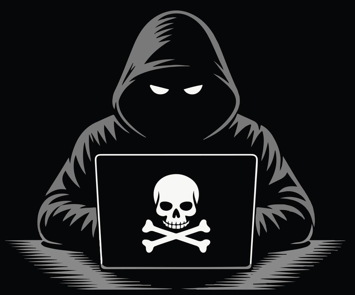 A hacker themed illustration showing a hooded figure at a computer with a skull image. vector
