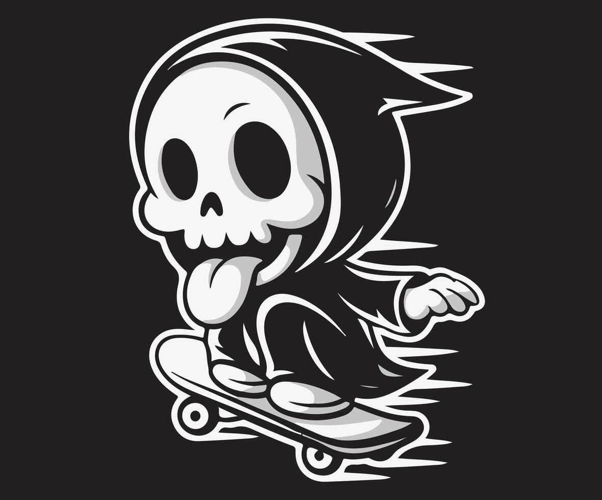 A drawing of the grim reaper riding a skateboard while playfully sticking out its tongue. vector