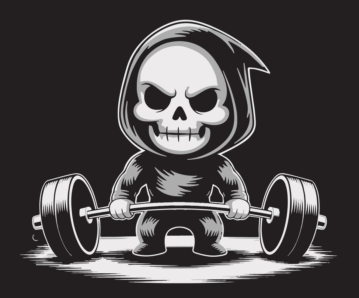 A drawing of the grim reaper lifting an Olympic bar. vector
