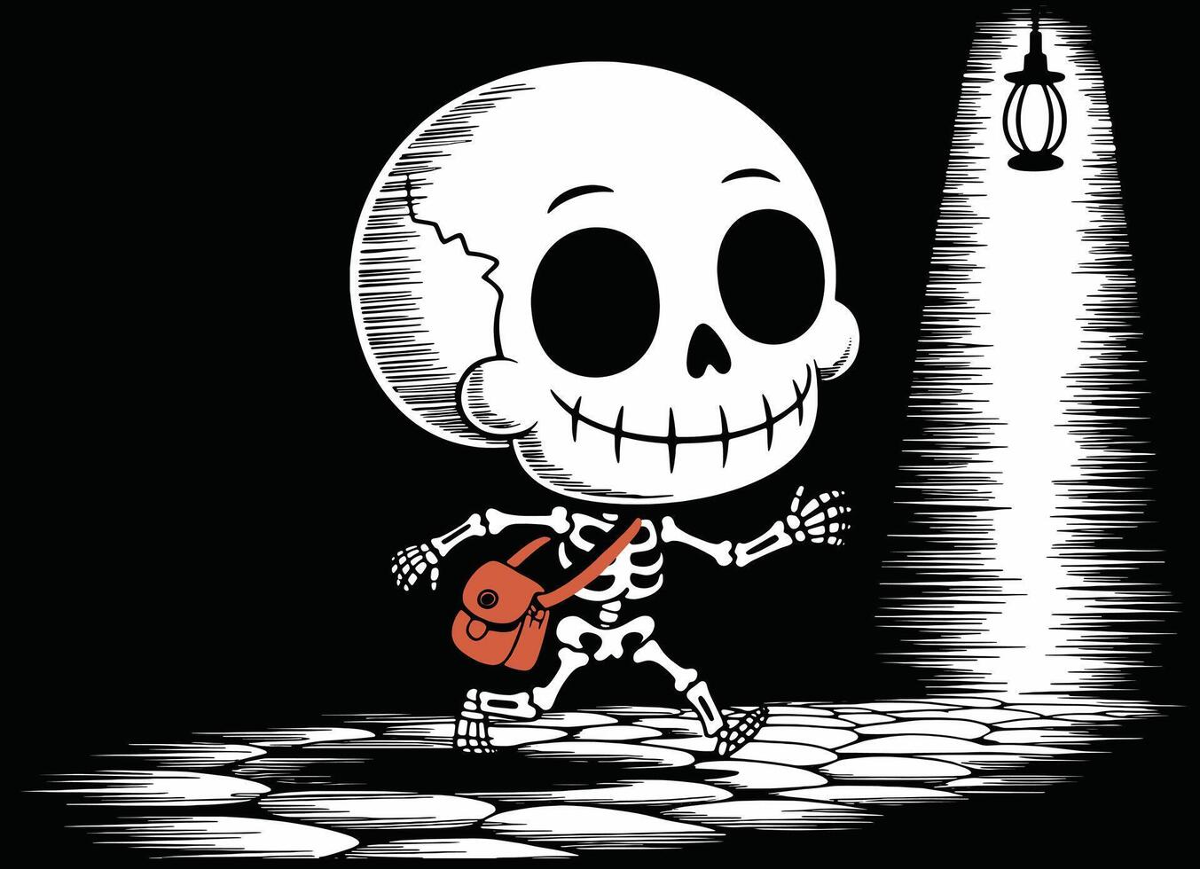 A cheerful skeleton is shown walking with a wide grin. vector