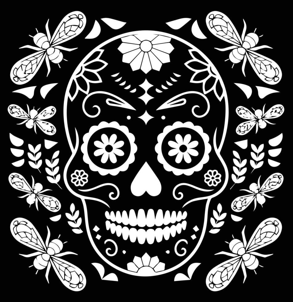 Skull is embellished with floral elements and ornamental lines. vector
