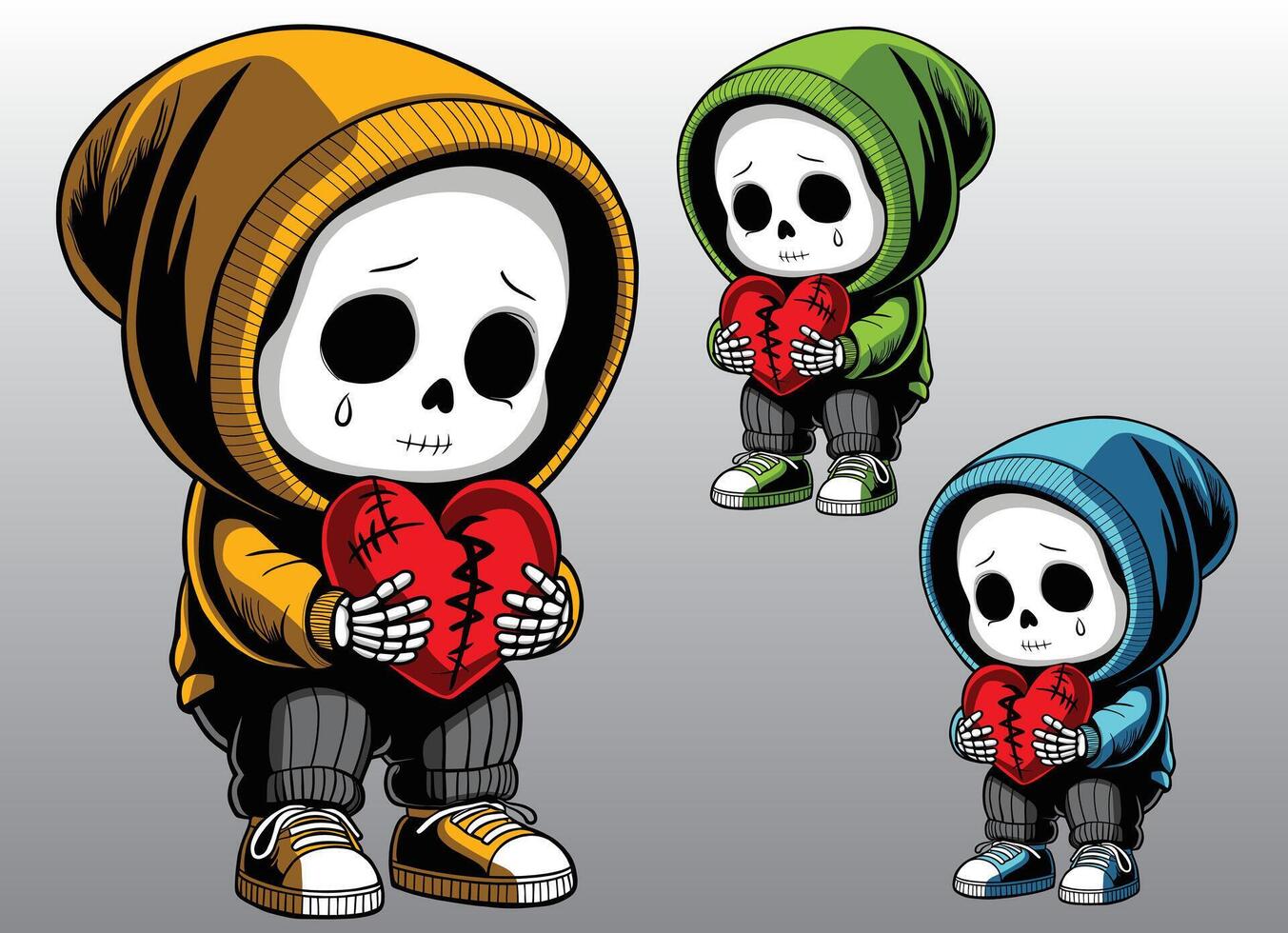 Graphic art depicting a skeleton in mourning and holding a heart sewn back after breaking. vector