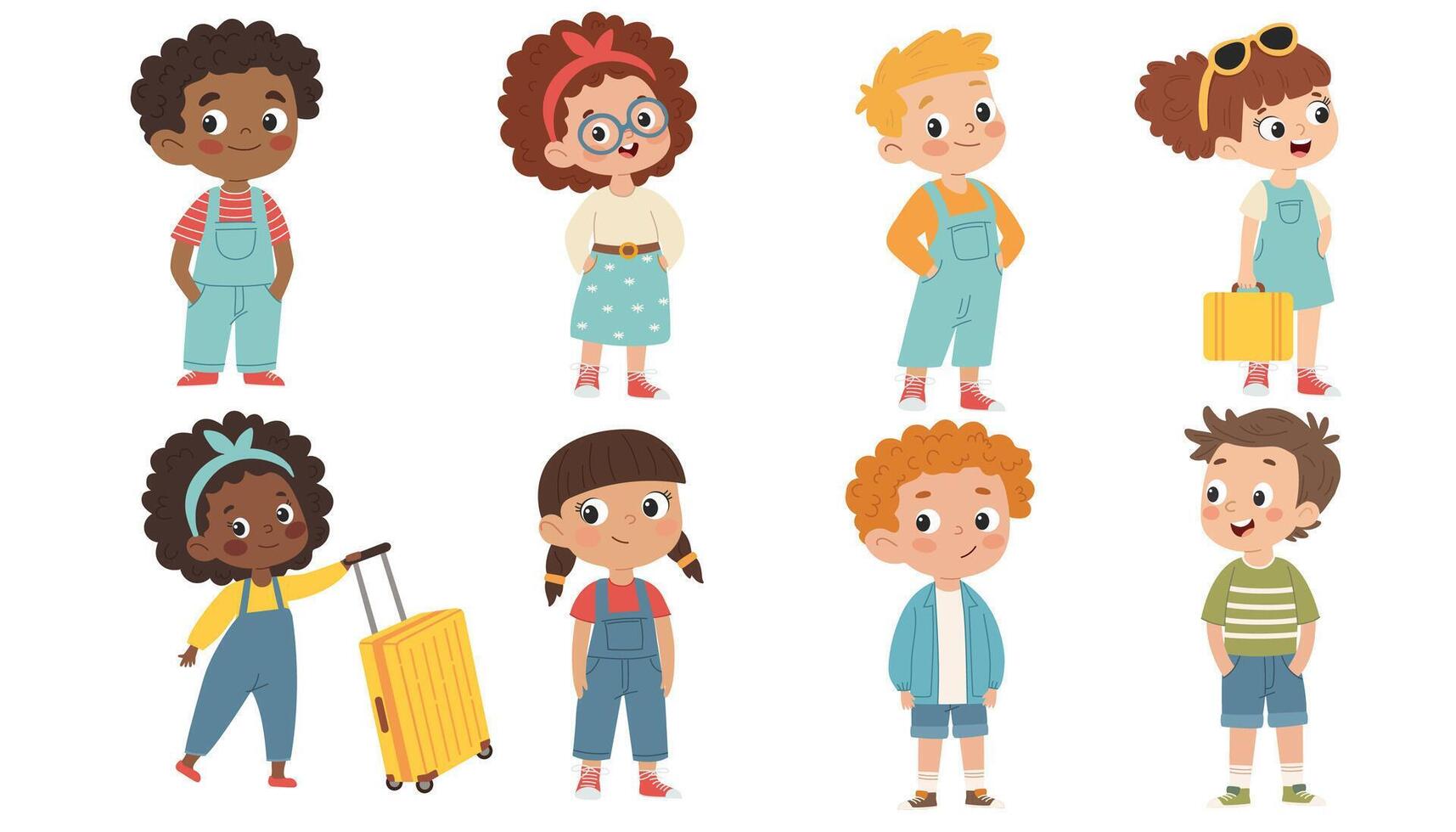 Girls and boys, children of different nationalities in summer clothes. Children are ready to travel. illustration in children's style isolated on white background vector