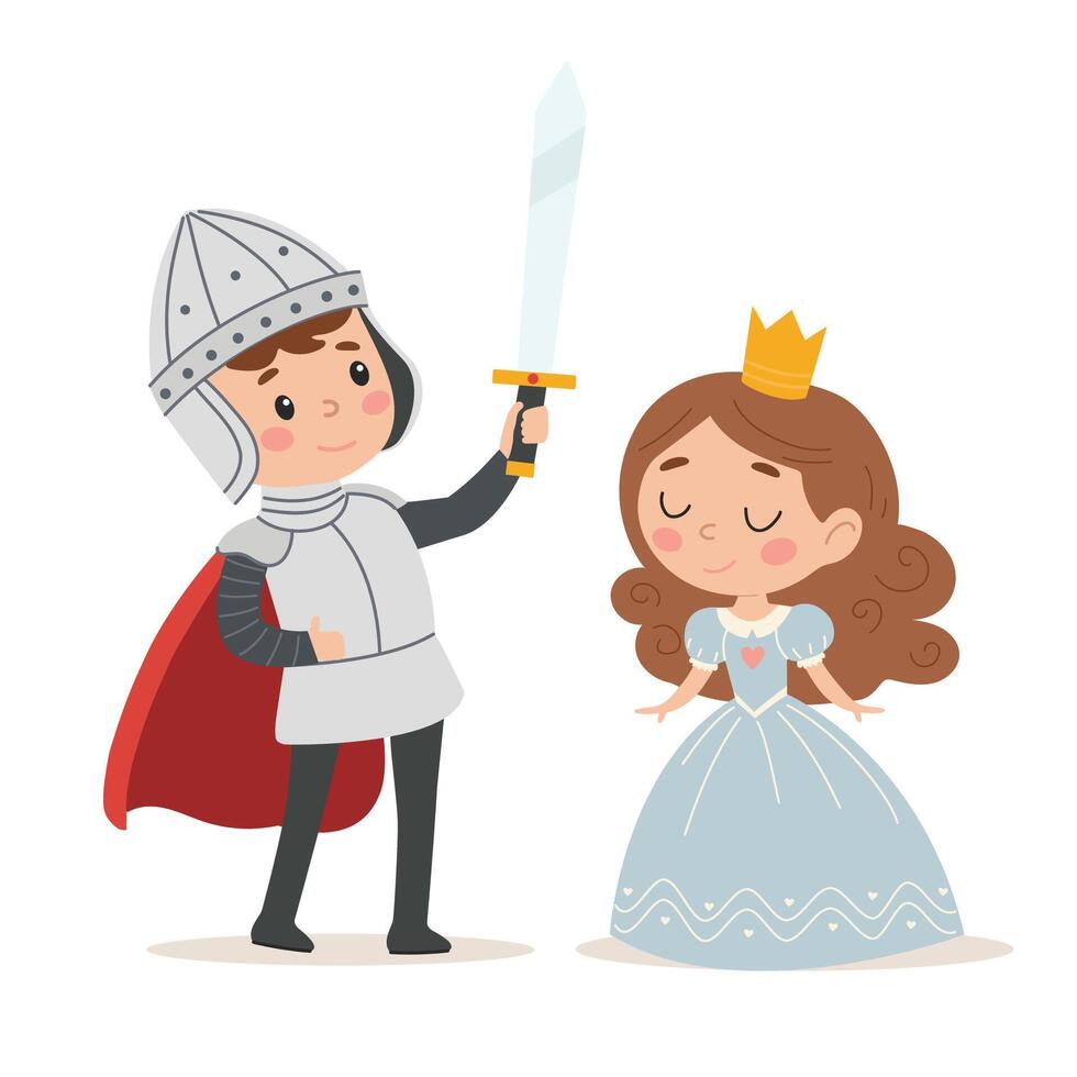 Cute cartoon prince and princess with sword and shield. Knight protector. illustration in children's style on white background vector