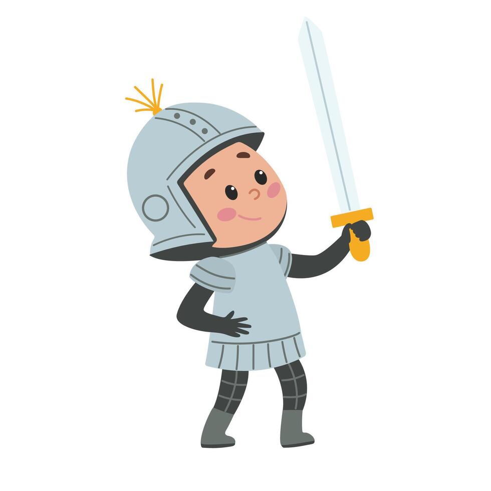 Cartoon boy in knight costume with sword and helmet. illustration in children's style on white background vector