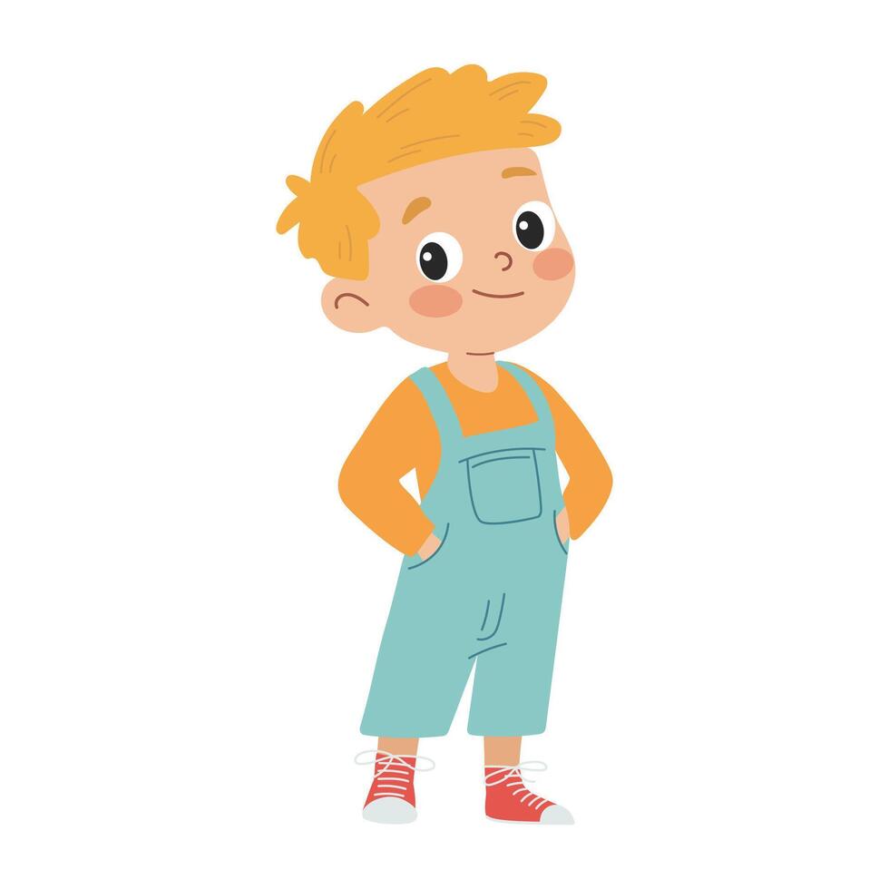 Cute little boy standing with a smile. Child illustration on white background vector