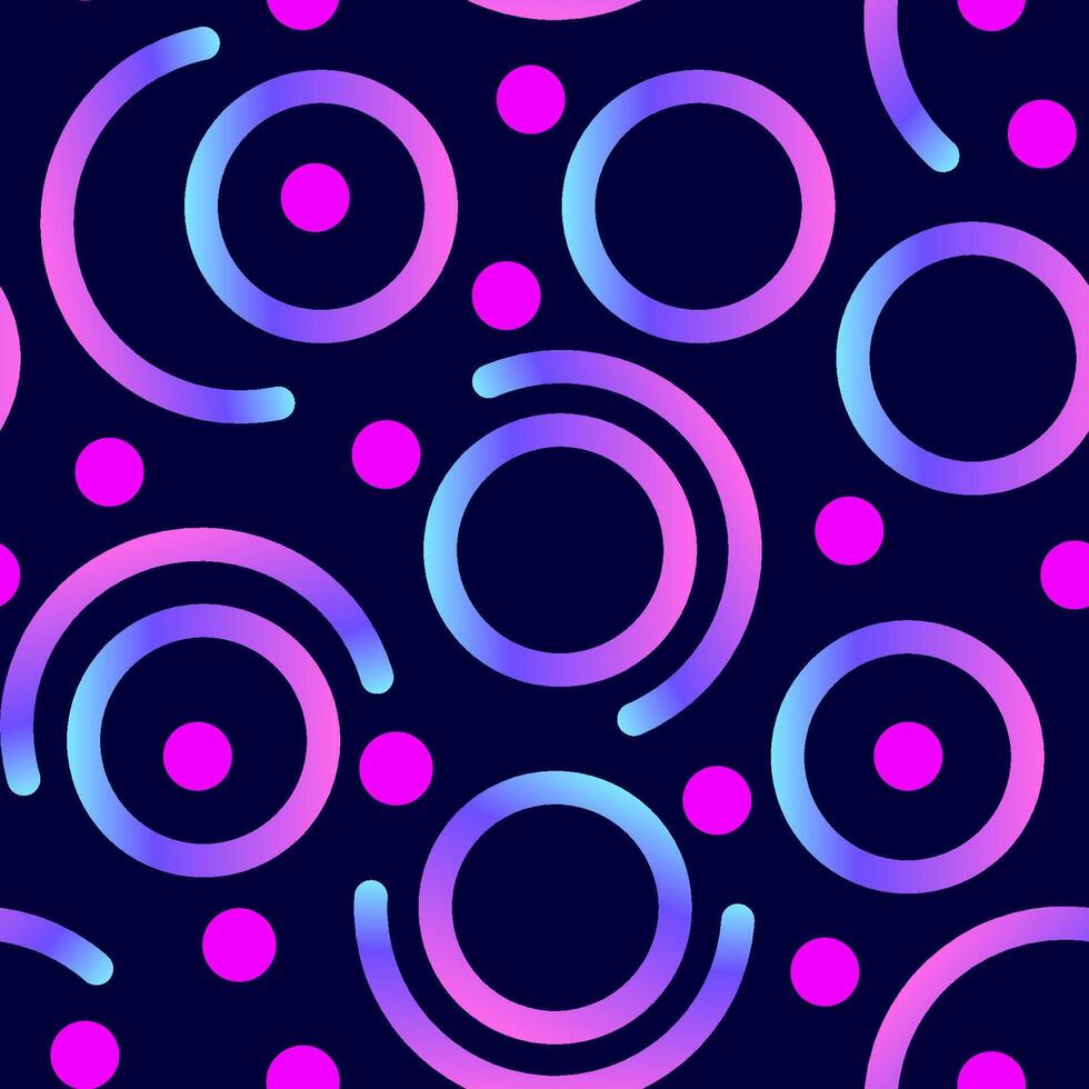 Gradient wavy lines and circles on dark background abstract seamless pattern vector