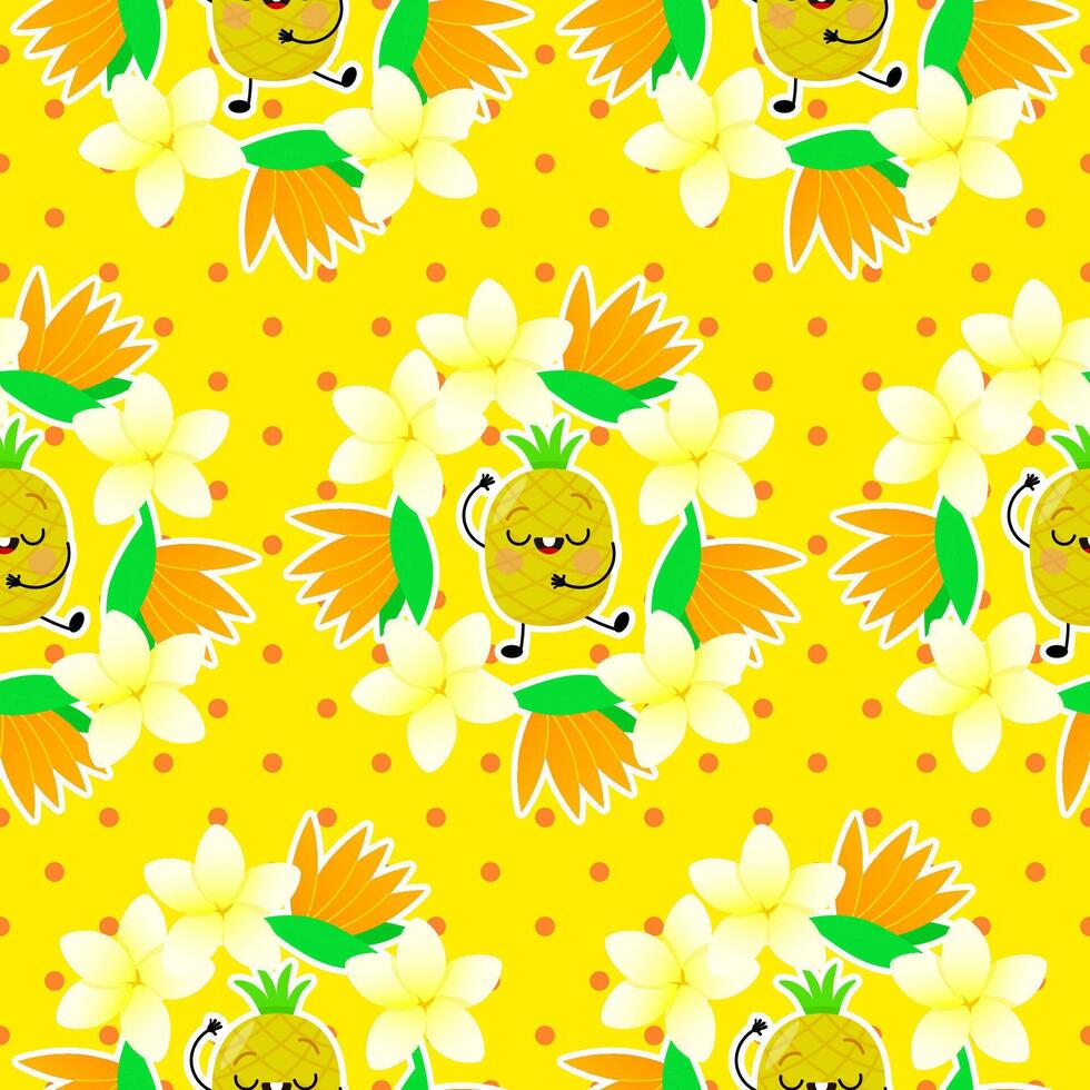 Seamless pattern of cute pineapple characters and exotic flowers on yellow background and dots vector