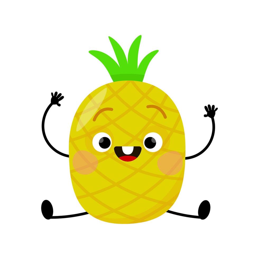 Funny pineapple character sits in the splits with his arms raised up vector