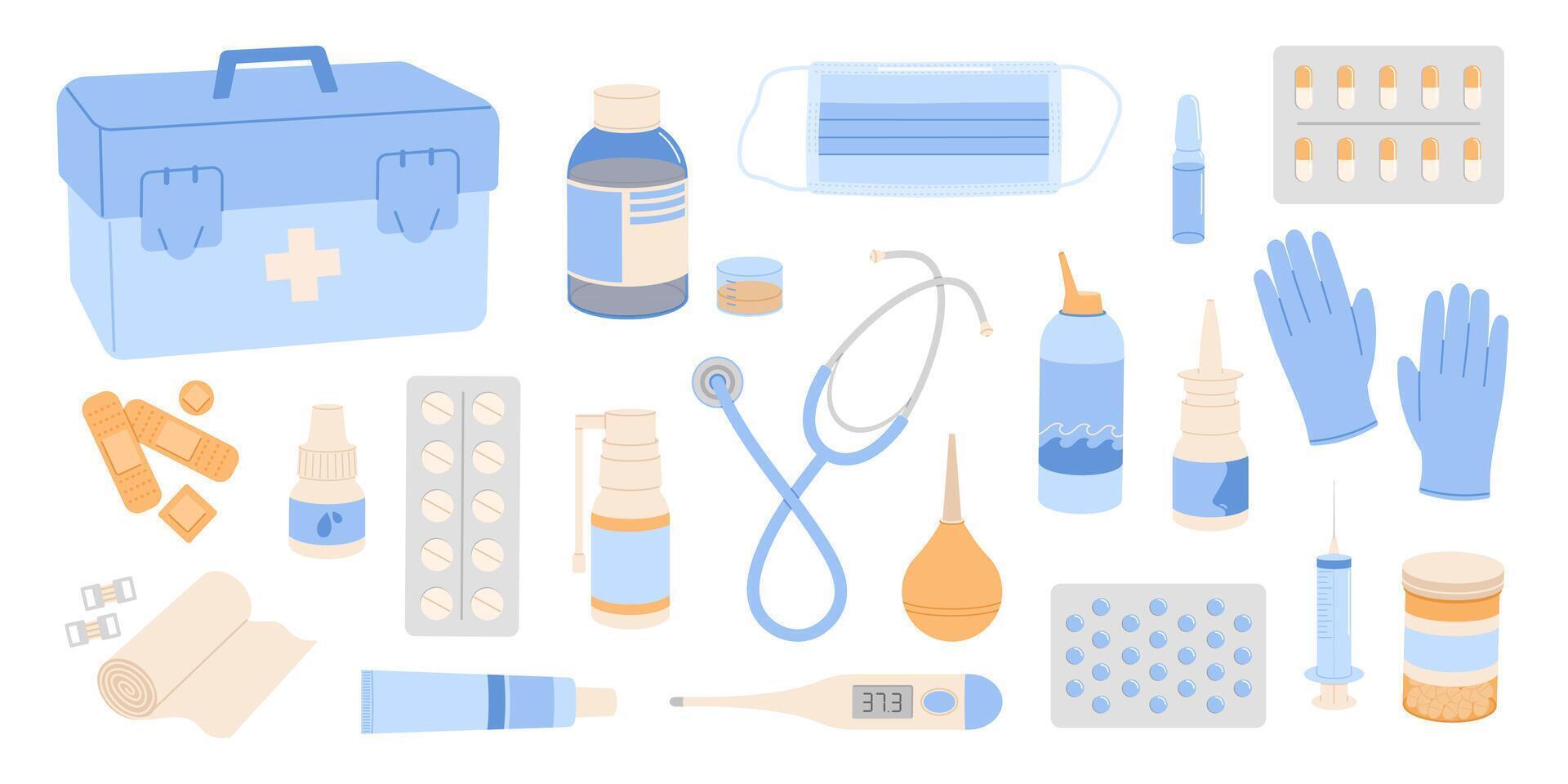 Medical set. Blisters with capsules, nasal spray, cough syrup, spray for sore throat. First aid. Flat isolated illustration vector