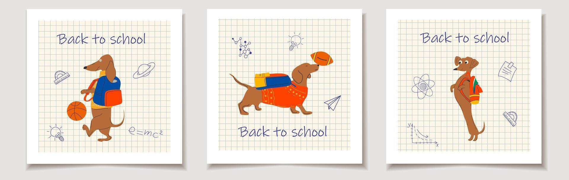 Charming Dachshunds Dressed for School . Greeting Card Series. vector