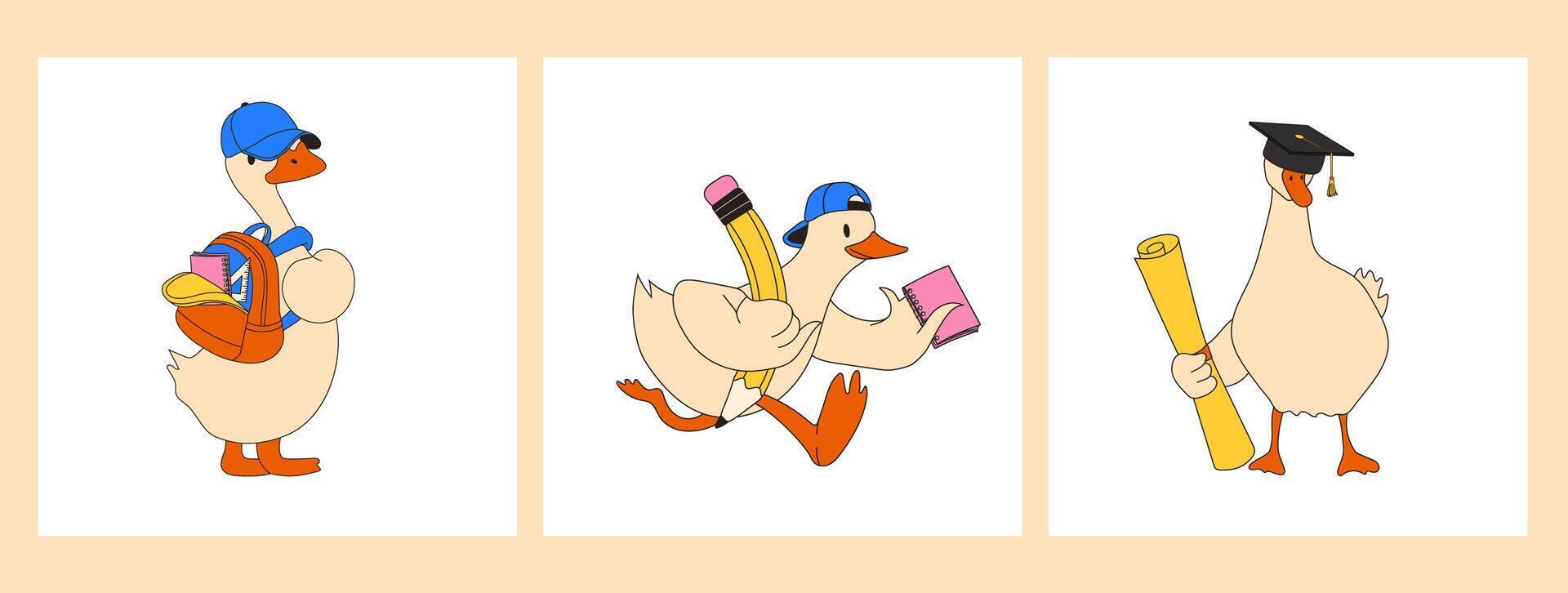 Set of Three Cartoon Geese Running with Pencil, Notepad, and Backpack. Ready for School vector