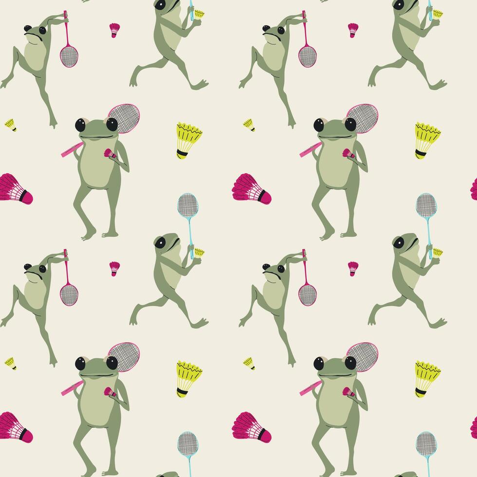 Whimsical seamless pattern of cartoon frogs having fun playing badminton. vector