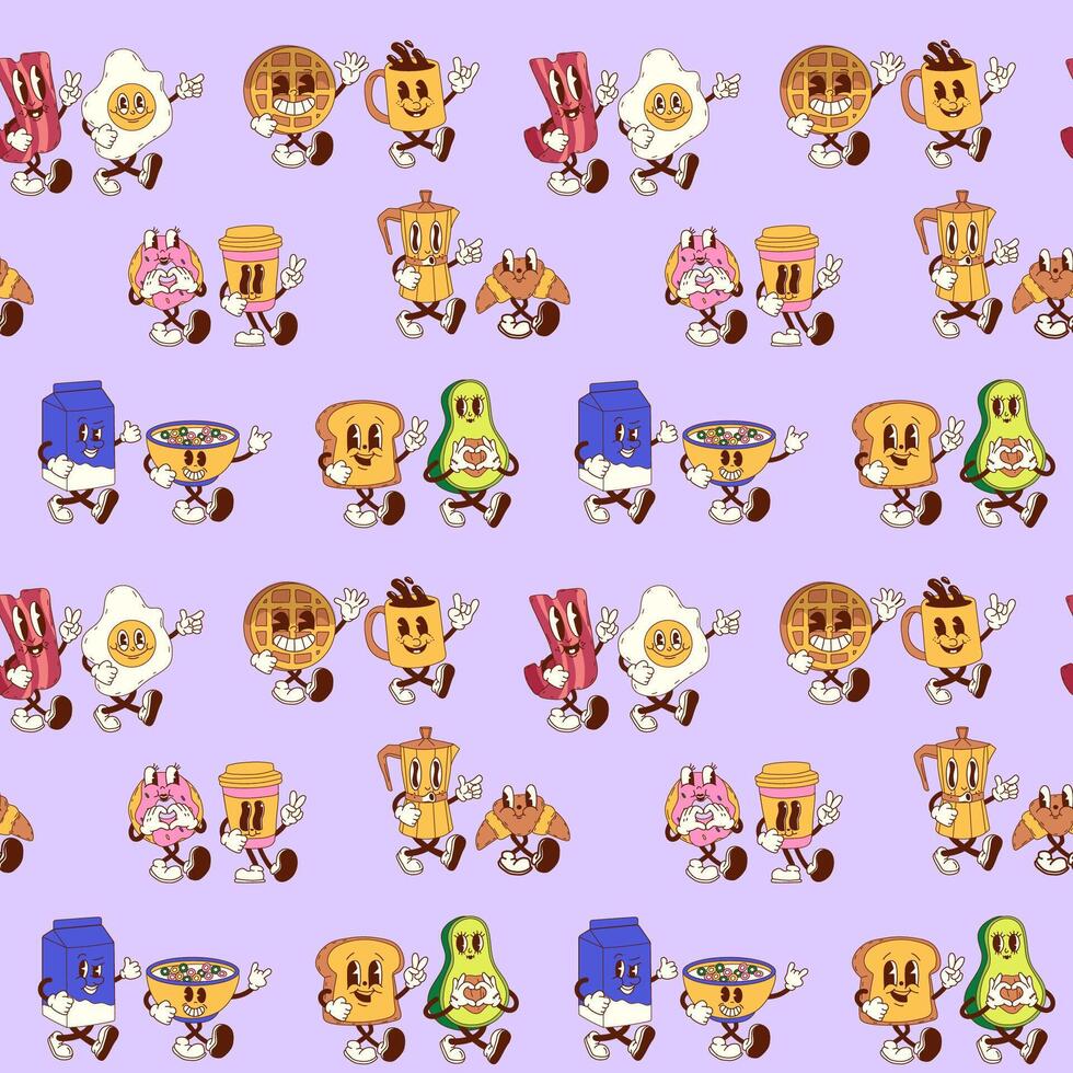Seamless pattern featuring groovy retro cartoon breakfast characters in fun food duos vector