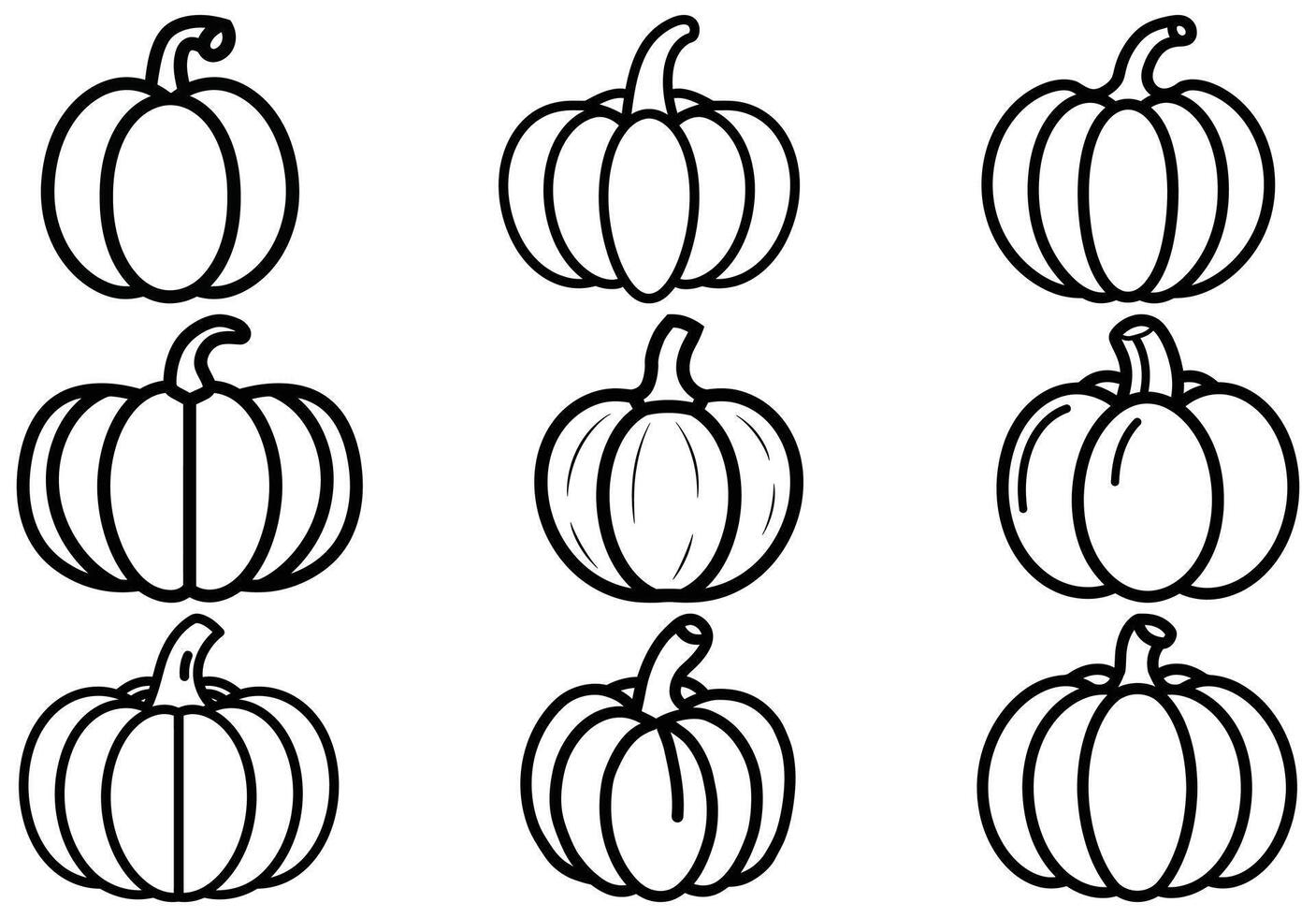 Nine pumpkins showcase diverse outline styles and stem variations across a white transparent background vector