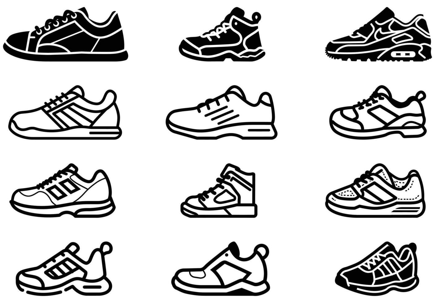 Nine different monochrome sneaker icons display distinct athletic footwear styles against a clean white backdrop vector