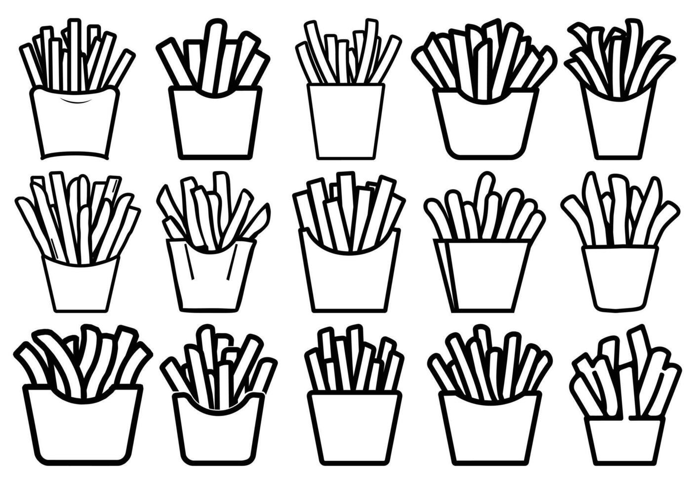 Fifteen unique packages of french fries are outlined against a white background neatly vector