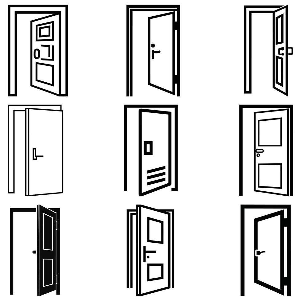 Nine unique outlined doors are presented in a grid against the white background vector