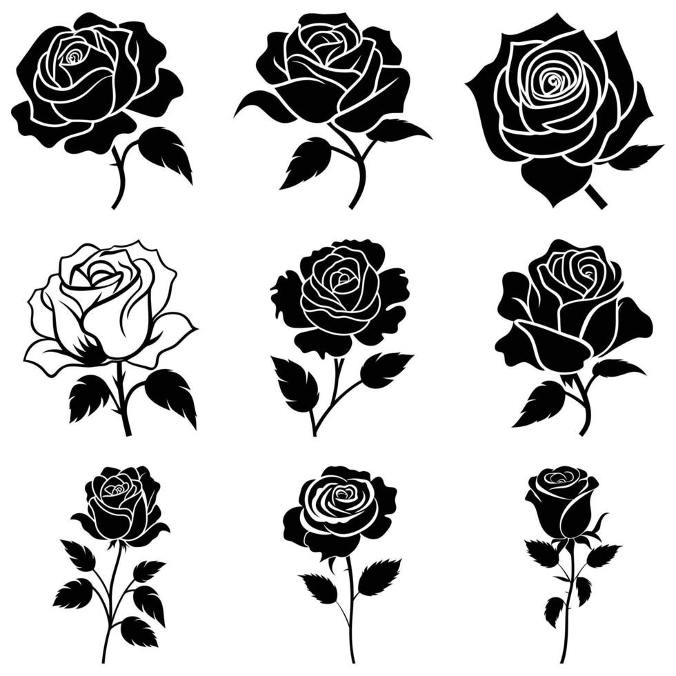 Nine Black and White Rose Silhouettes with Varied Bloom Styles and Stem Lengths on White vector