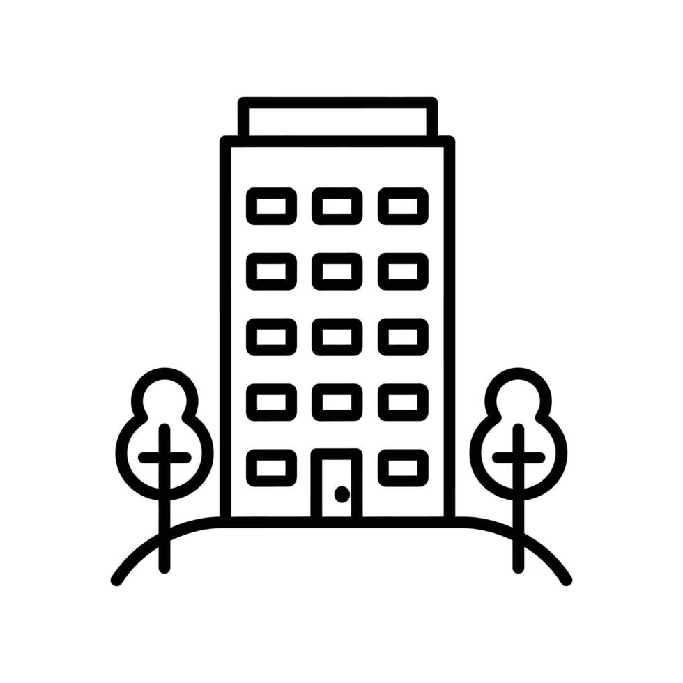 Minimal building icon features boxy windows and tree symbols on a transparent background vector