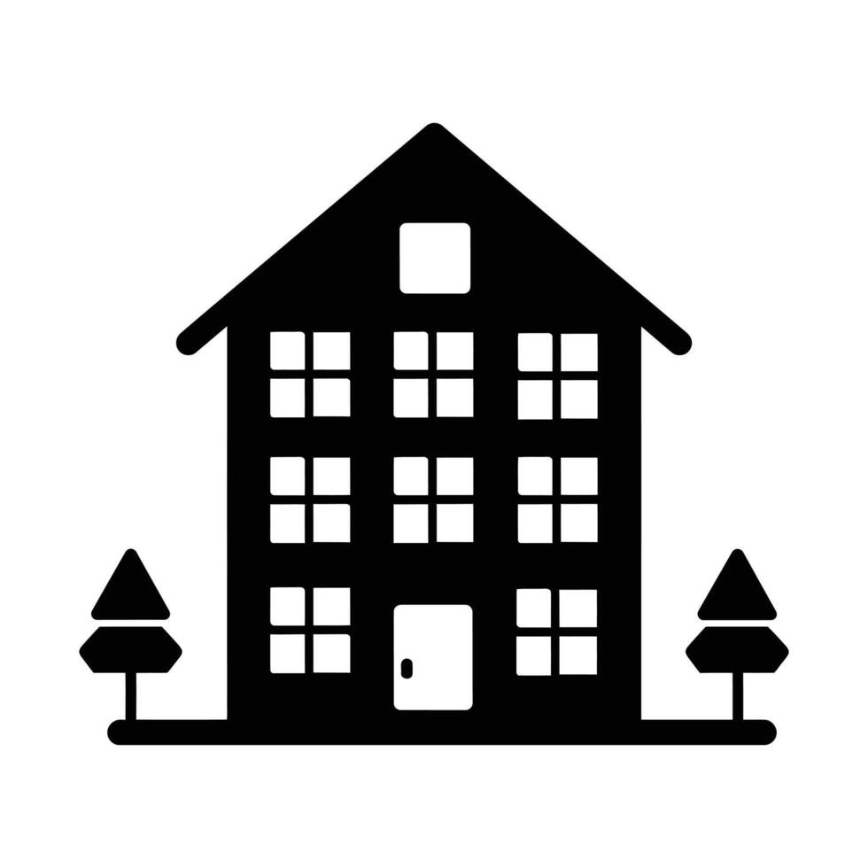 Black twostory building icon with nine windows, a door, and two trees, transparent background vector