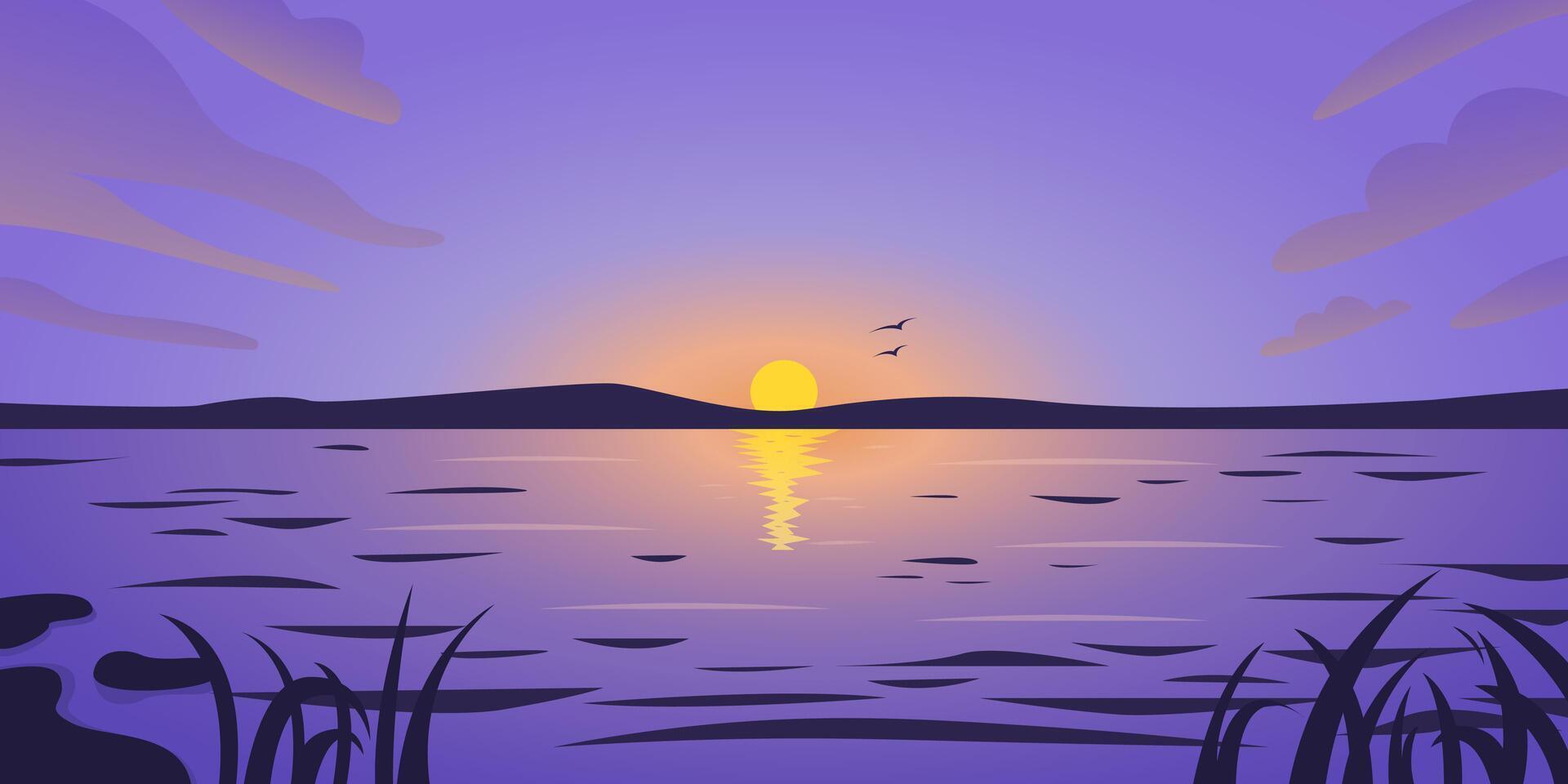 Sunset Over Water Horizontal Landscape with Sun, Birds, Hills and Reeds in Purple and Orange vector