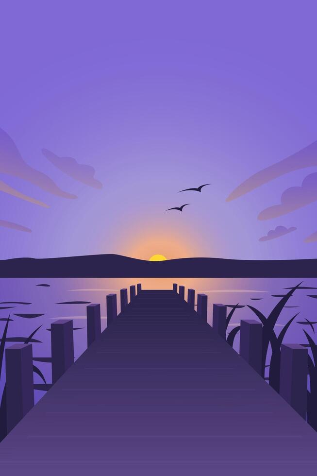Sunset Pier on Lake Landscape with Wooden Dock, Birds, Hills and Calm Water in Purple Tones vector