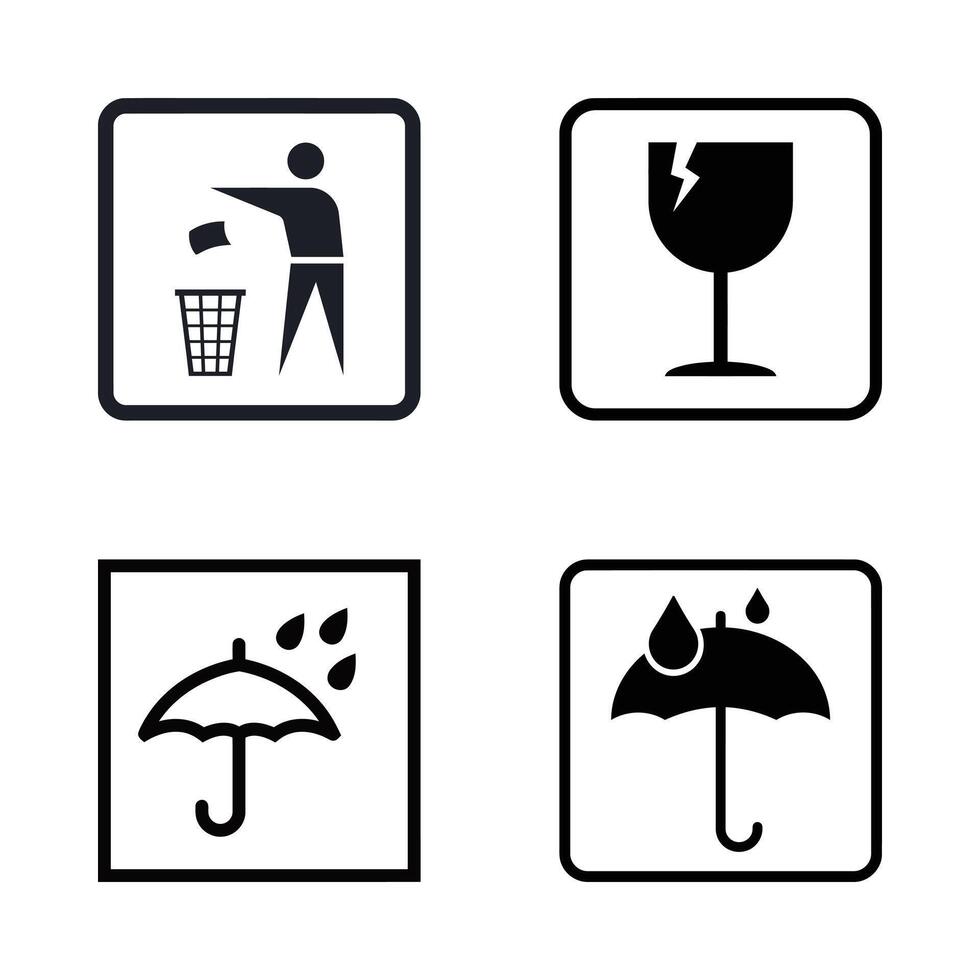 Four black and white icons depicting a man, umbrella, glass, and umbrella vector