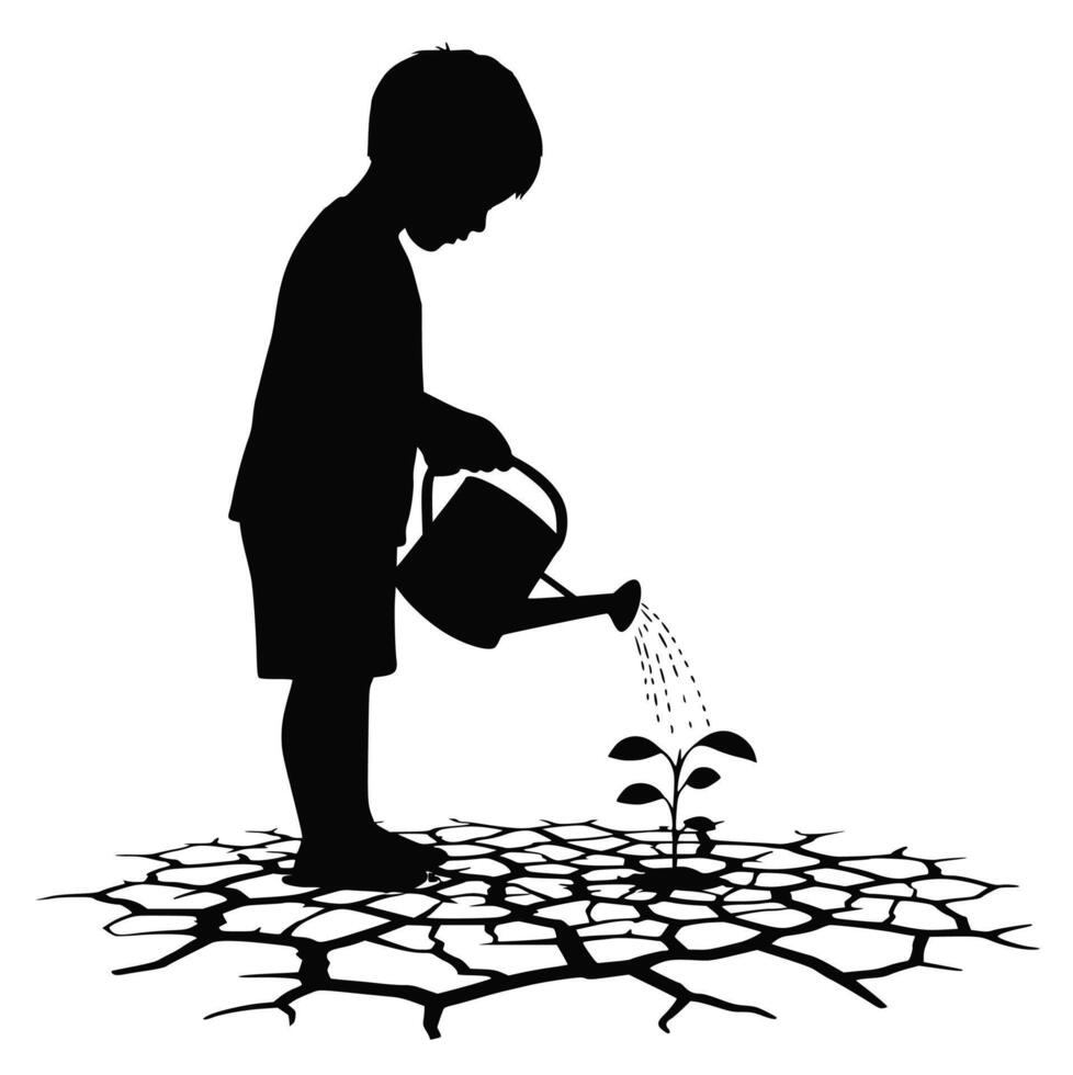 Little Boy Watering Plant on Dry Land vector