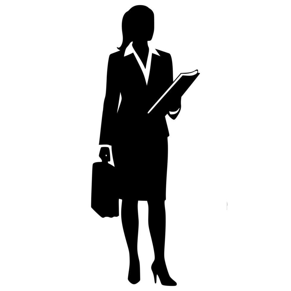 Business Woman Silhouette Holding Folder And Briefcase Professional Female Silhouette With Documents In Hand Confident Businesswoman Silhouette Carrying Briefcase vector