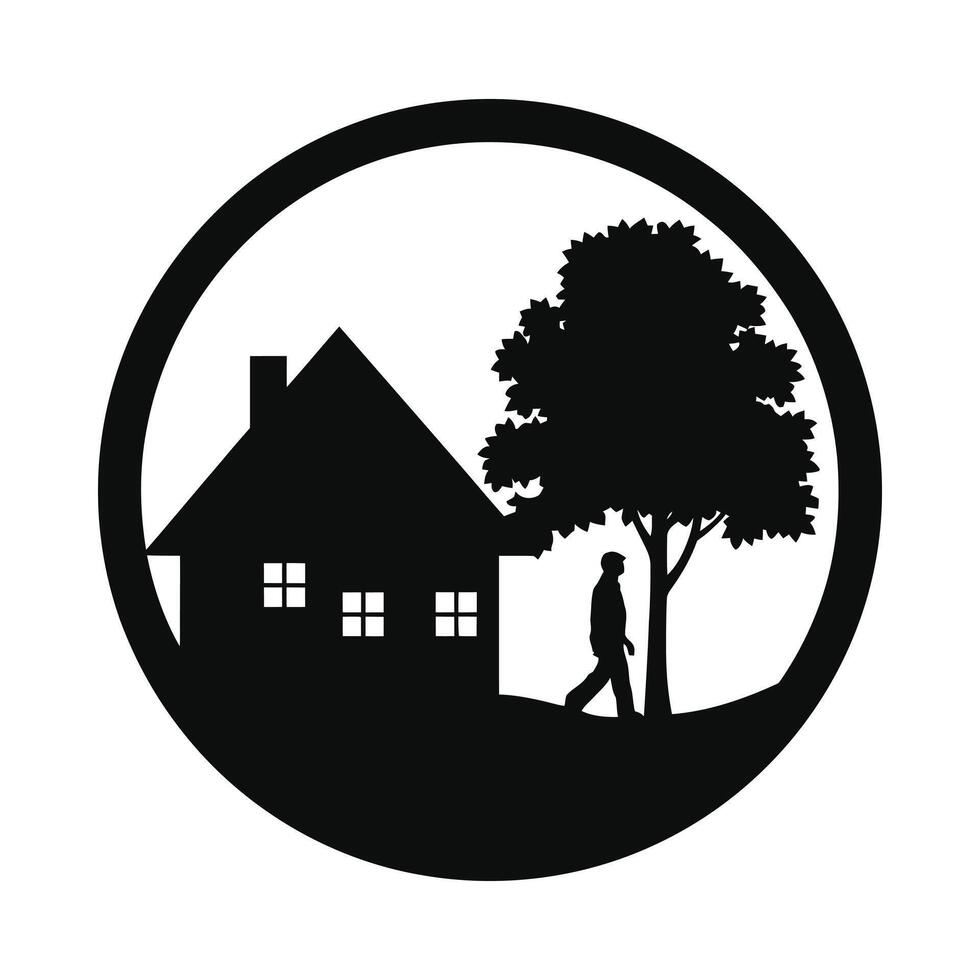 Silhouette of a house with a tree and a person walking in a circular frame vector