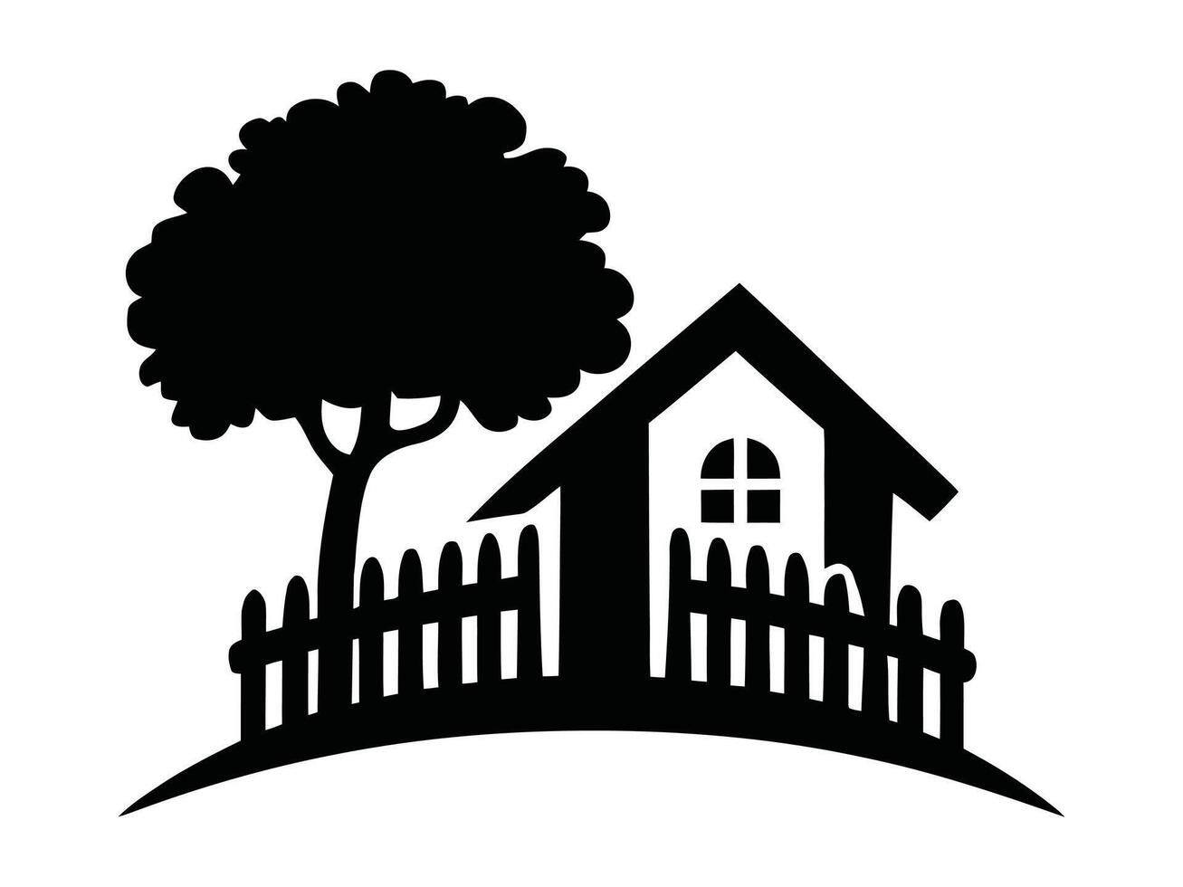 Black and white illustration of a house, tree, and picket fence in a landscape vector
