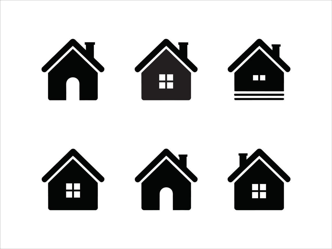 Set of six simple black house icons representing home, real estate, and property concepts vector