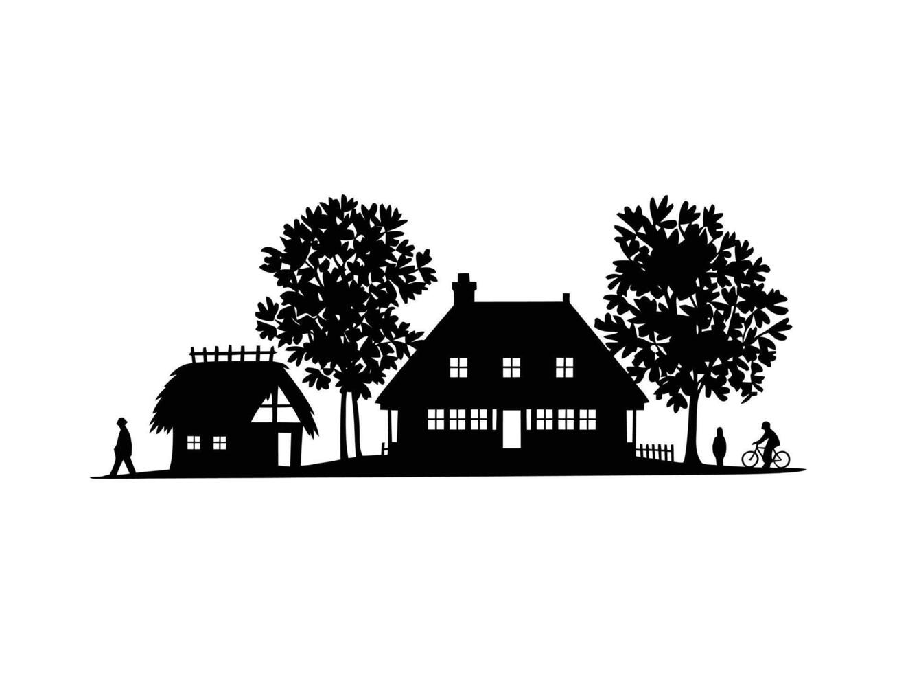Black and white silhouette of a rural village scene with houses and people vector
