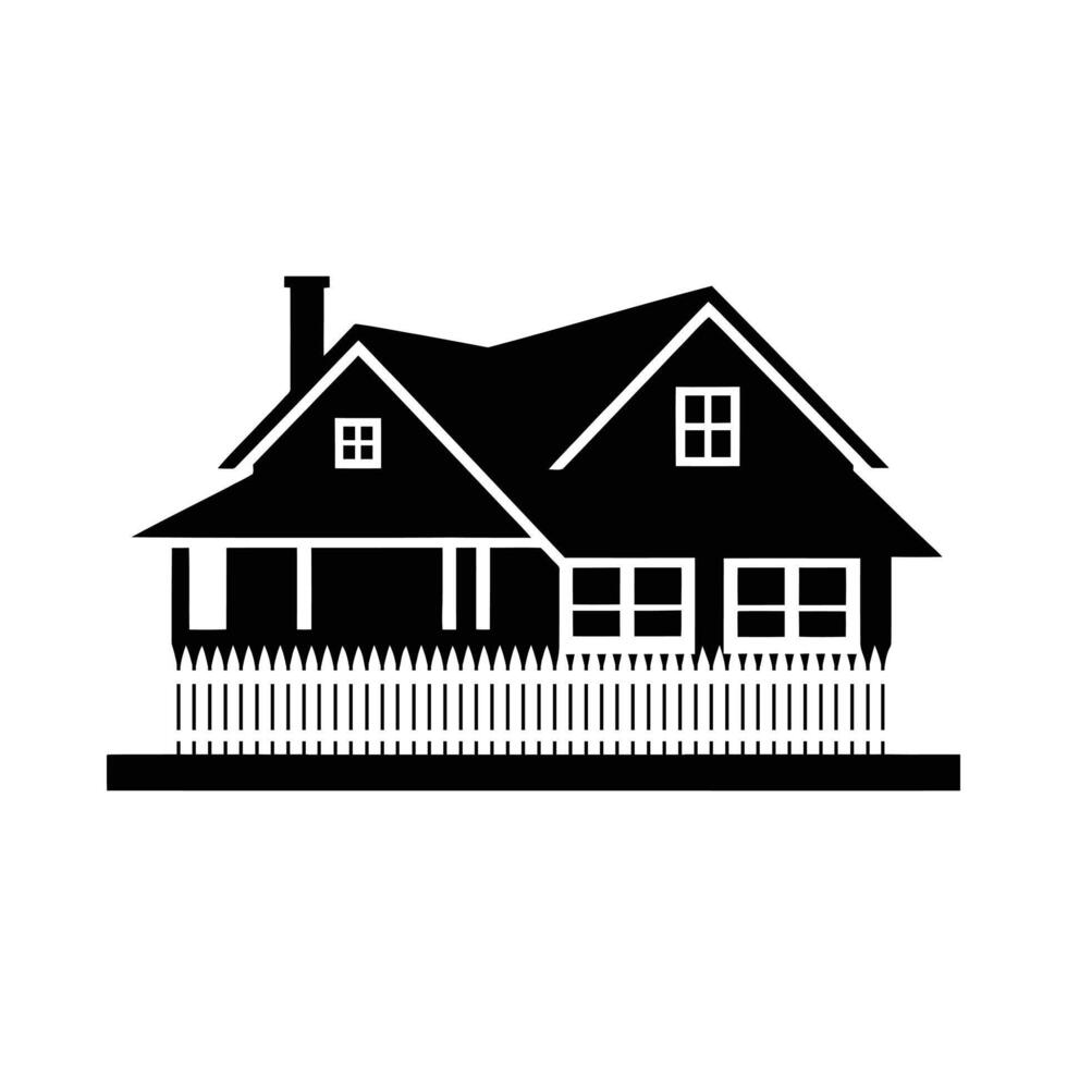 Simple black and white silhouette illustration of a house with a fence and chimney vector