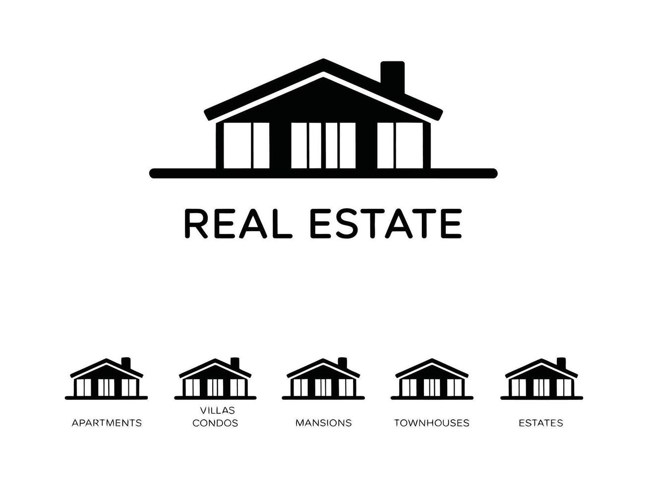 Black and white real estate icon set depicting various housing types for design projects vector