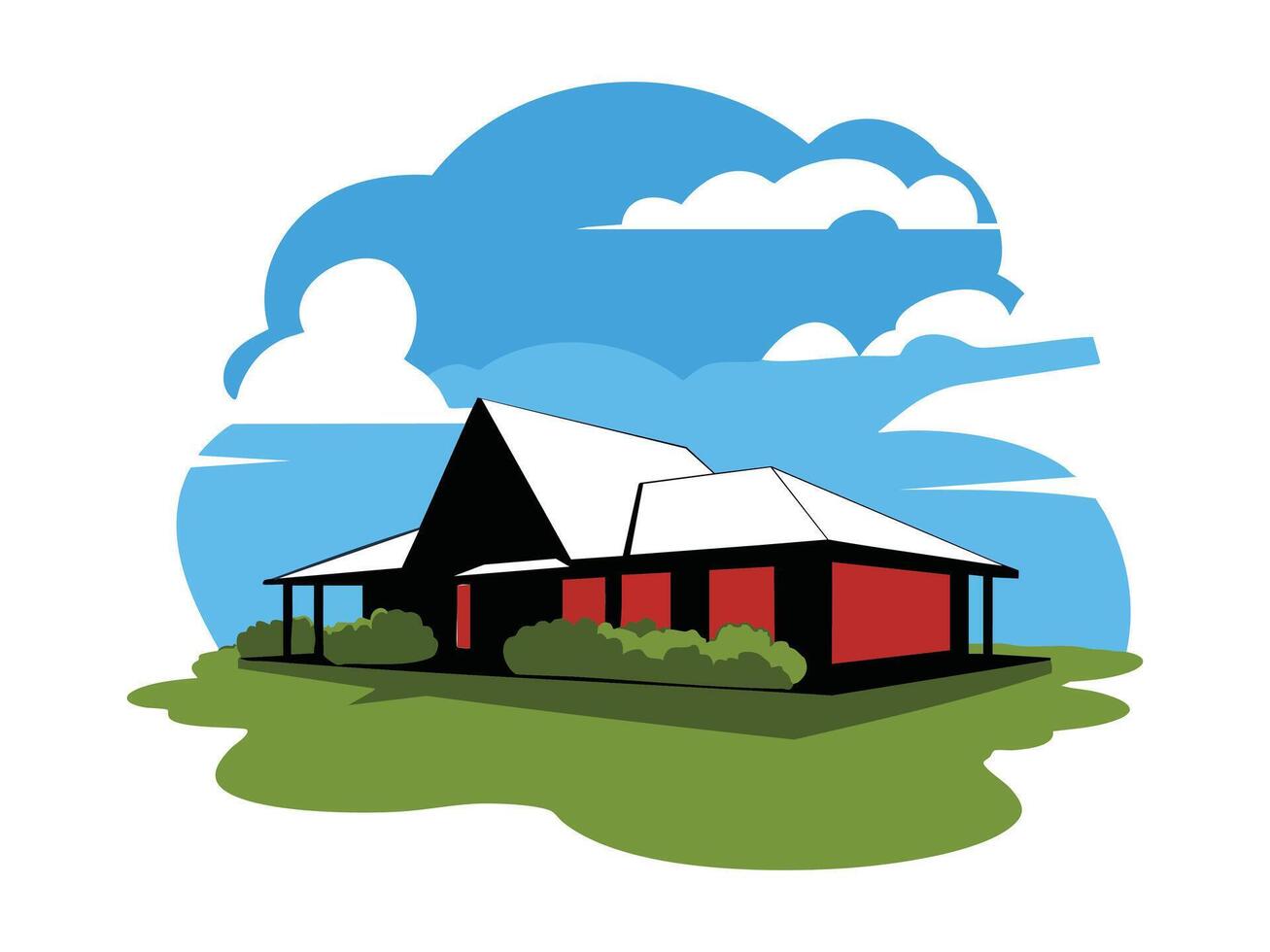 Cartoon style illustration depicting a rural home with white roof against a blue sky vector