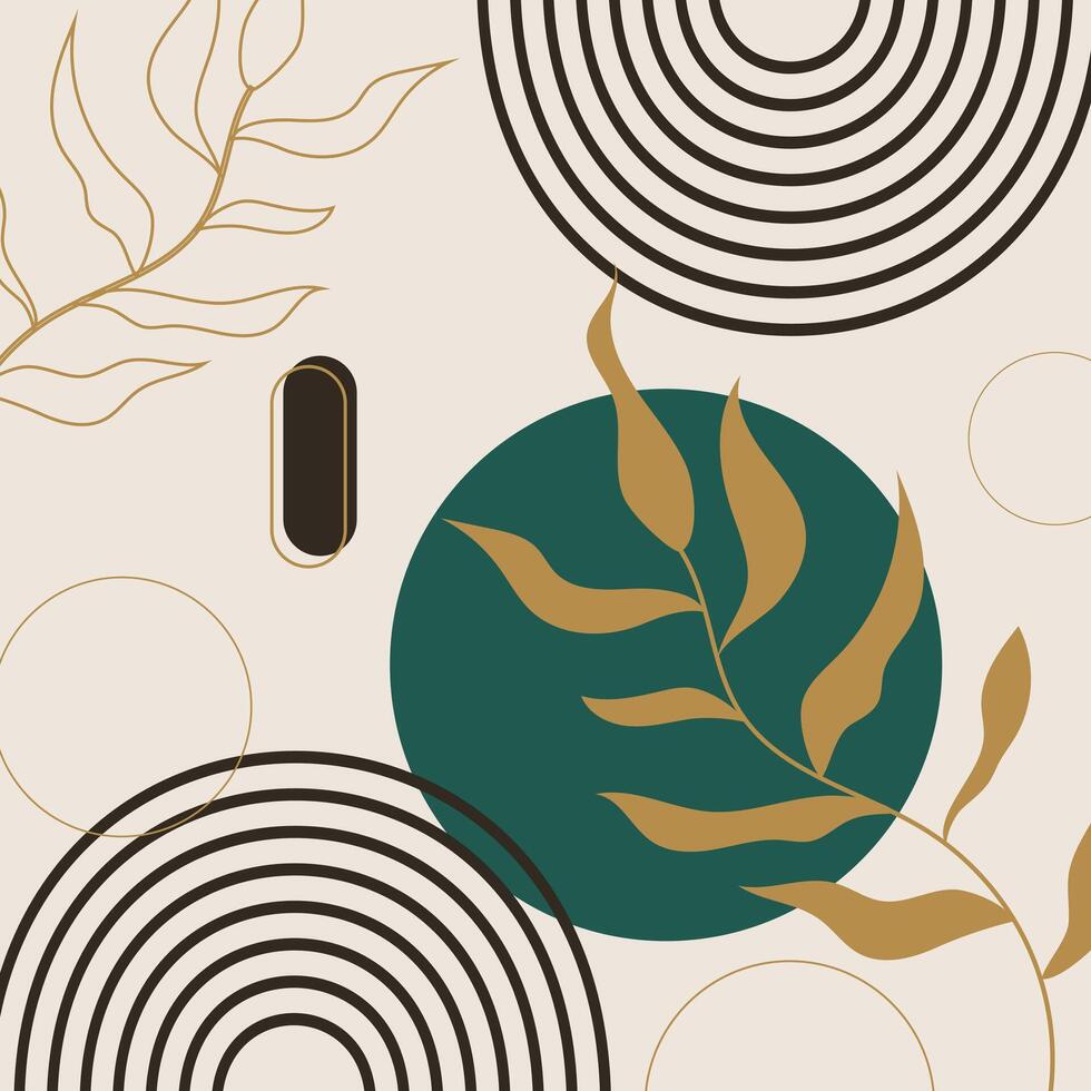 Modern collage of golden leaves, green circle and black linear semicircles on light gray banner for interior decoration. vector