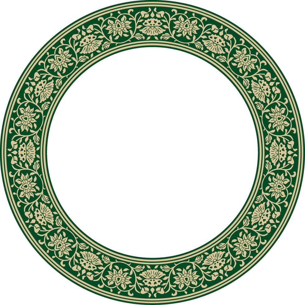 gold with green round Turkish national ornament. Ottoman border, frame. Ethnic floral circle, ring, Seljuk Turks pattern. Decor Sultan's palaces. vector