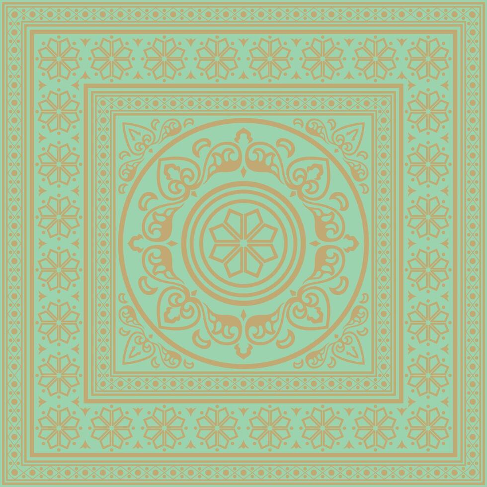 square gold with green ancient Russian ornament. Slavic rectangle, border, frame. Painting royal chambers. vector