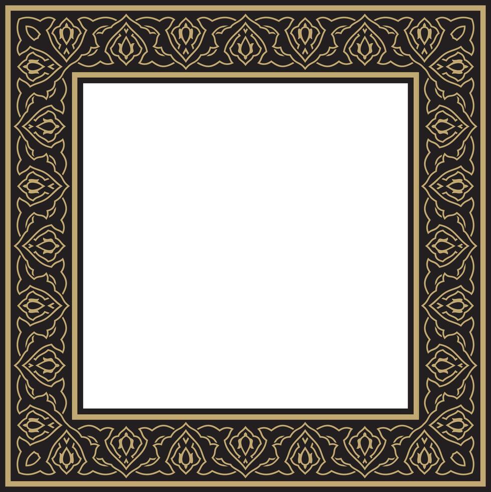 gold with black square Turkish national ornament. Ottoman border, frame. Ethnic floral rectangle, Seljuk Turks pattern. Decoration of Sultan palaces. vector