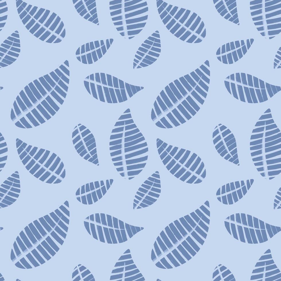 textured blue leaves seamless pattern on soft blue background with contour linear details. Suitable for textile, wallpaper, and creative projects. vector