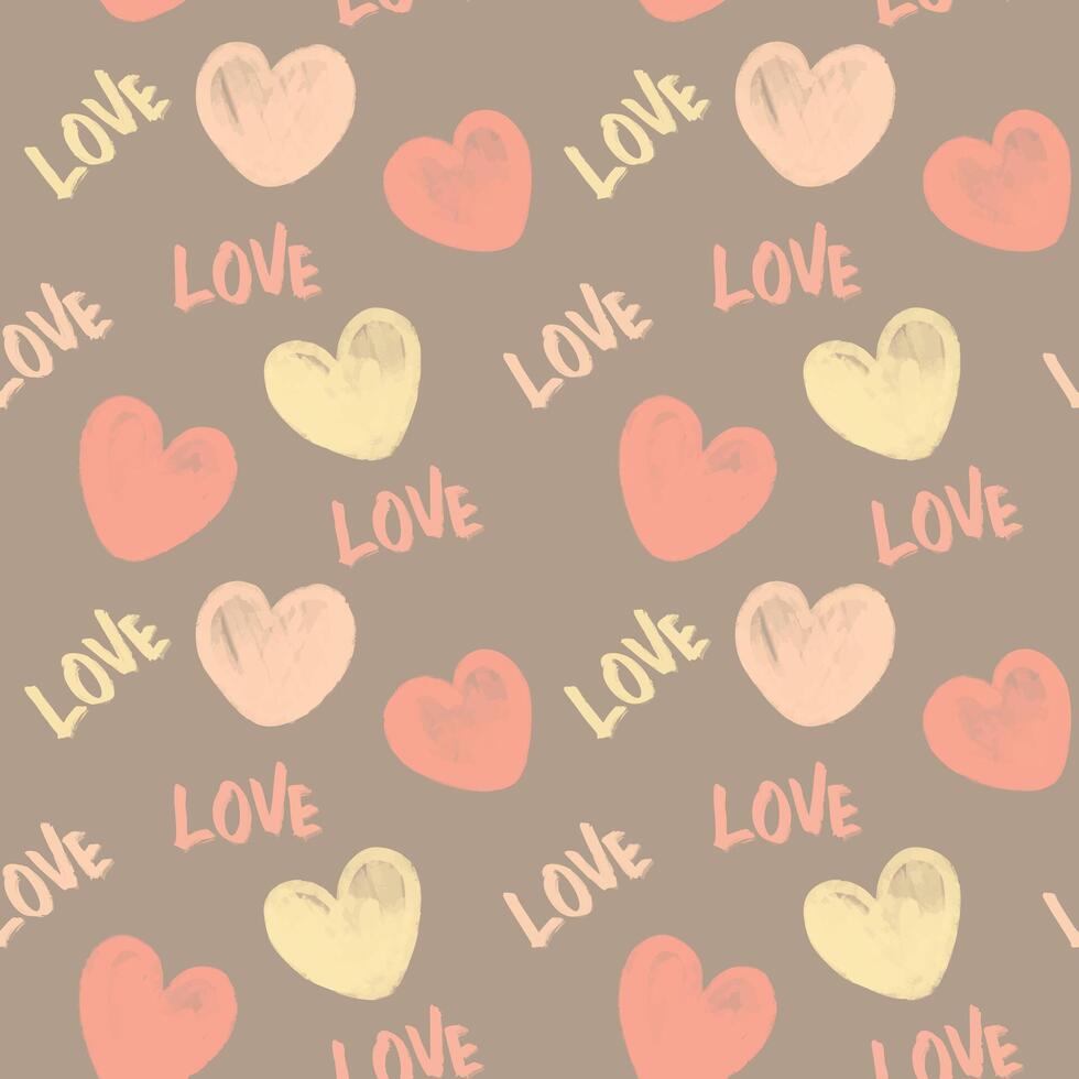 Seamless pattern featuring heart shape and love letter. Hand drawn cute hearts illustration with grunge texture on brown background. vector
