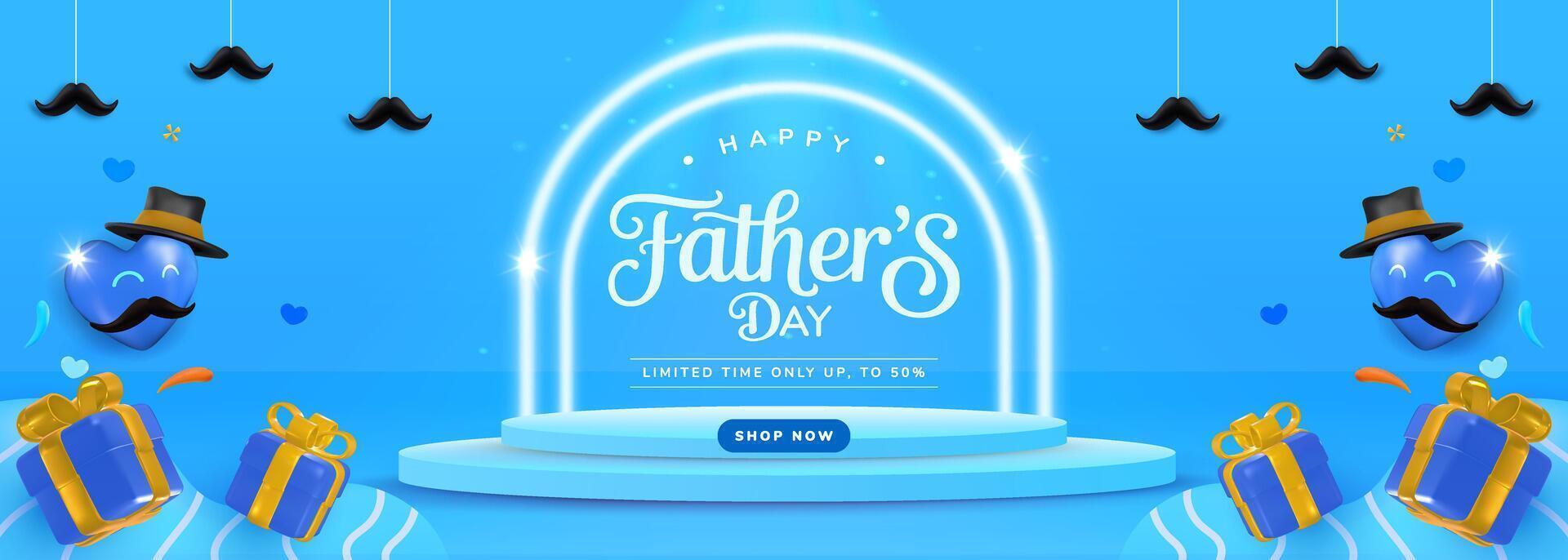 Colorful Fathers Day Celebration Banner With Gifts and Blue Background vector