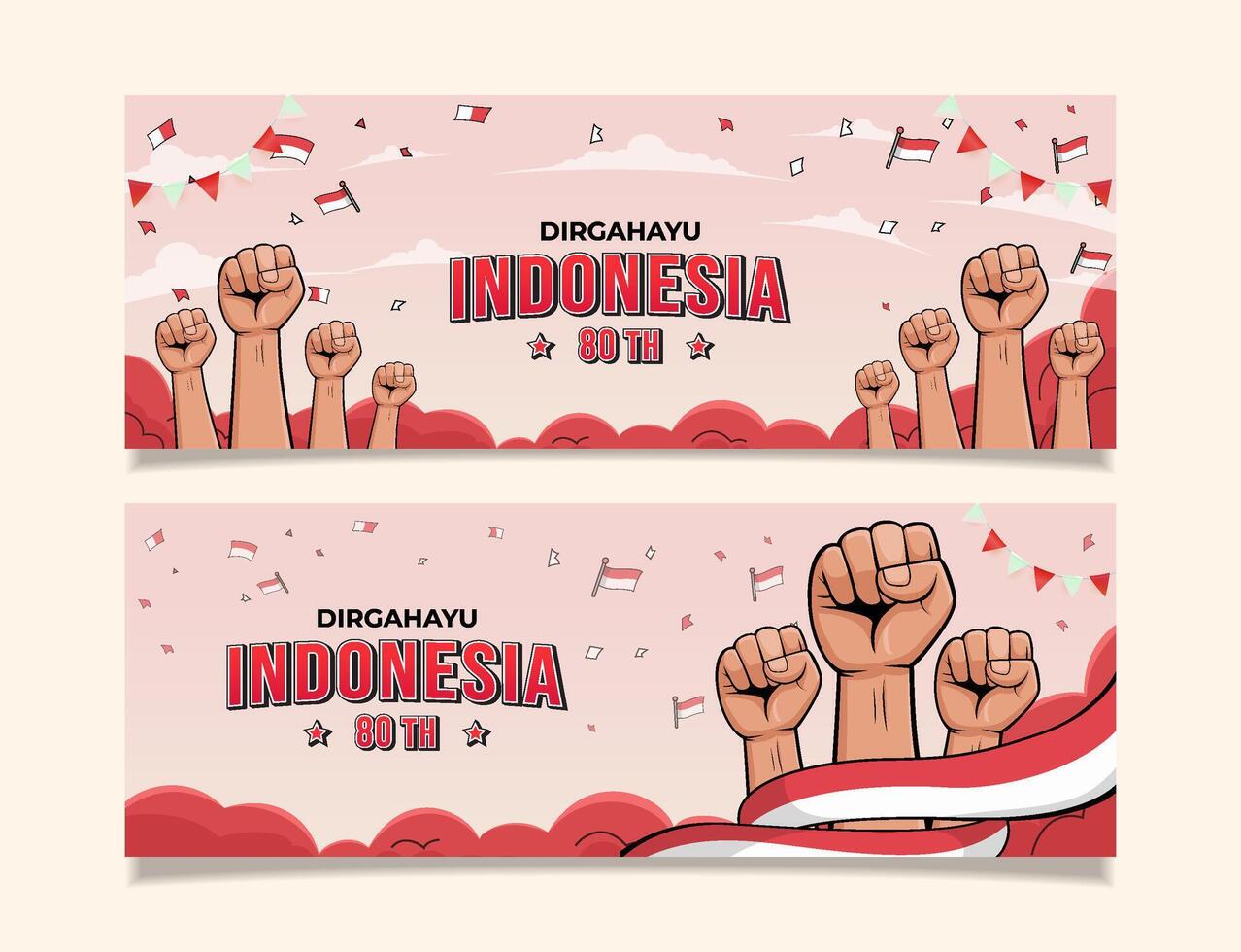 Set Dirgahayu Indonesia Anniversary Celebration Banner with Raised Hands vector