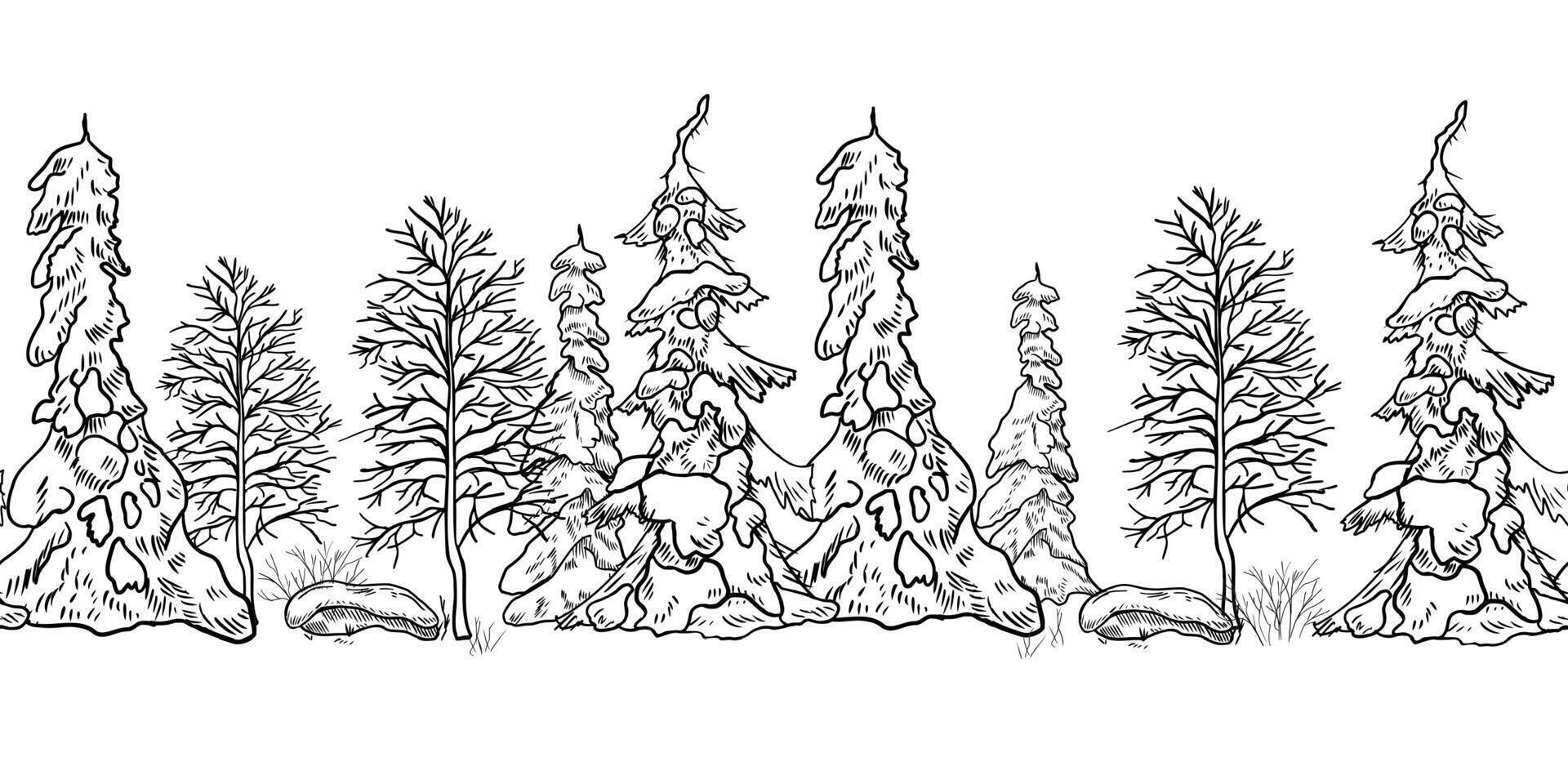 Seamless winter forest landscape border hand drawn black white outline with snowy firs, bare trees, and woodland silhouettes. Monochrome nature scene for Christmas prints in graphic sketch. vector