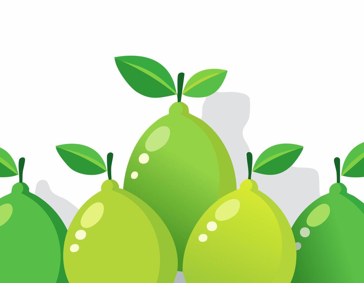 Fresh whole lime in flat design style with clean highlights and soft shadows, surrounded by green leaves on white background, simple and modern fruit art. vector