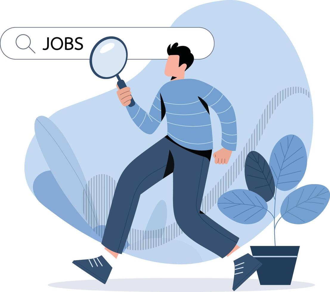 Person searching for jobs with magnifying glass, symbolizing job hunting and career exploration vector