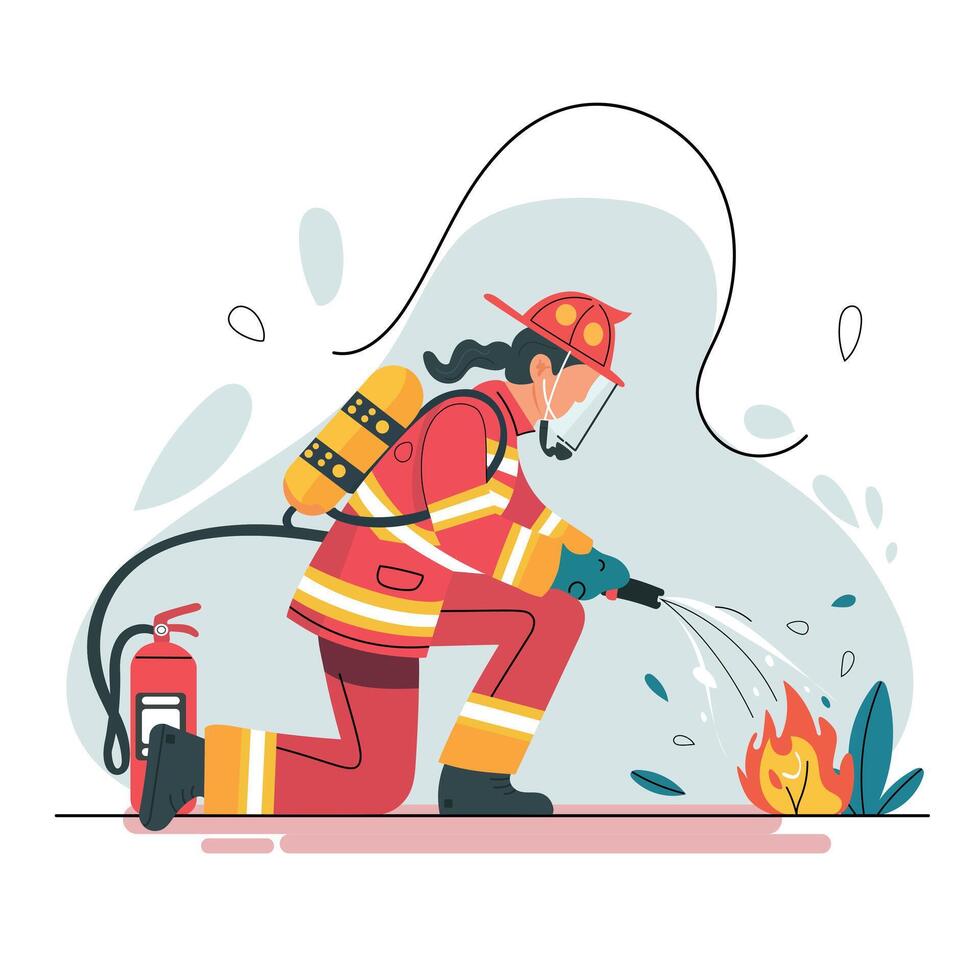 Firefighter in red uniform kneels to extinguish small fire with hose, showcasing bravery and dedication vector
